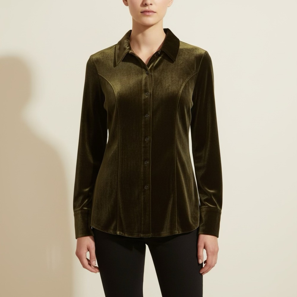 H&M Womens Olive Green‎ Velvet Button Down Shirt Long Sleeve Blouse Size Large